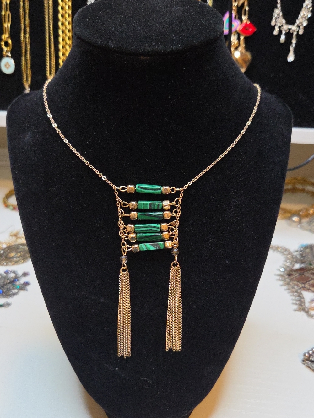 Gold-tone Necklace with Green Malachite-Style Beads - Women Jewelry